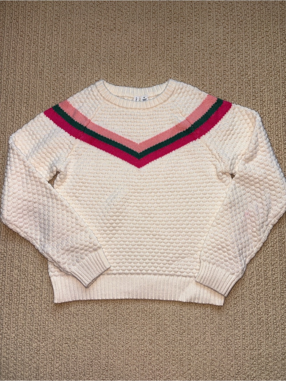 Janie & Jack girls Ivory Crewneck Sweater 10 pink green chevron